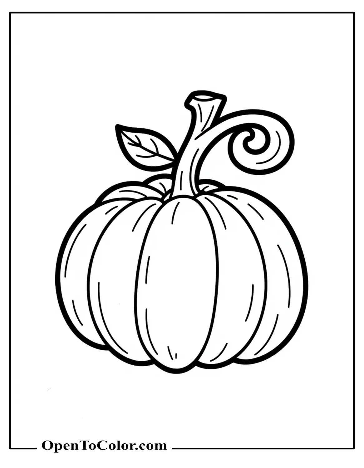 Single Pumpkin Coloring Page PDF With A Curly Stem And Two Leaves