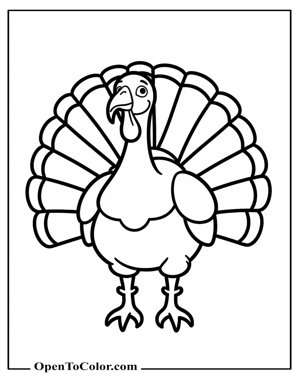 Cartoon turkey coloring page strutting with wide tail feathers in front view PDF.