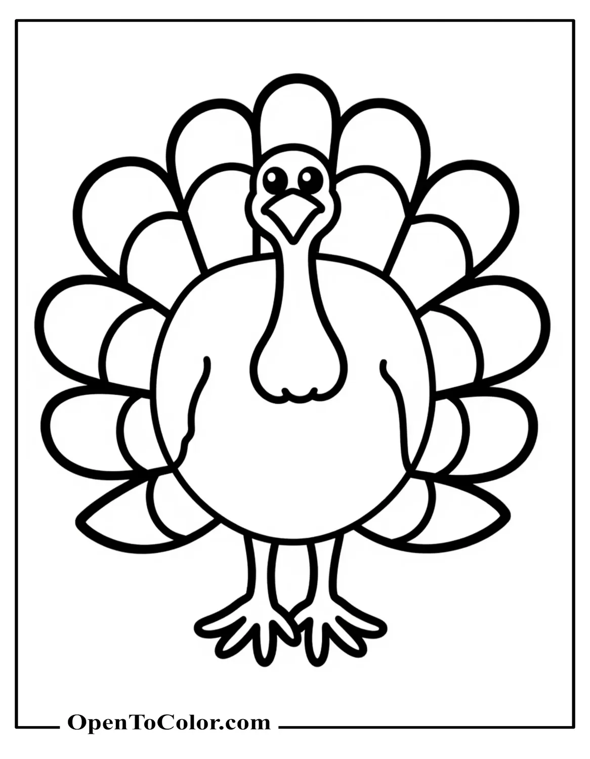 Free Coloring Sheet of Turkey Outline to Color Front View with Big Feathers