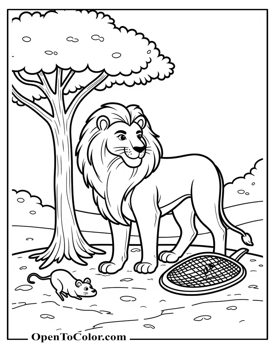 Coloring page of a lion and small mouse beside a broken net under a tree, printable.