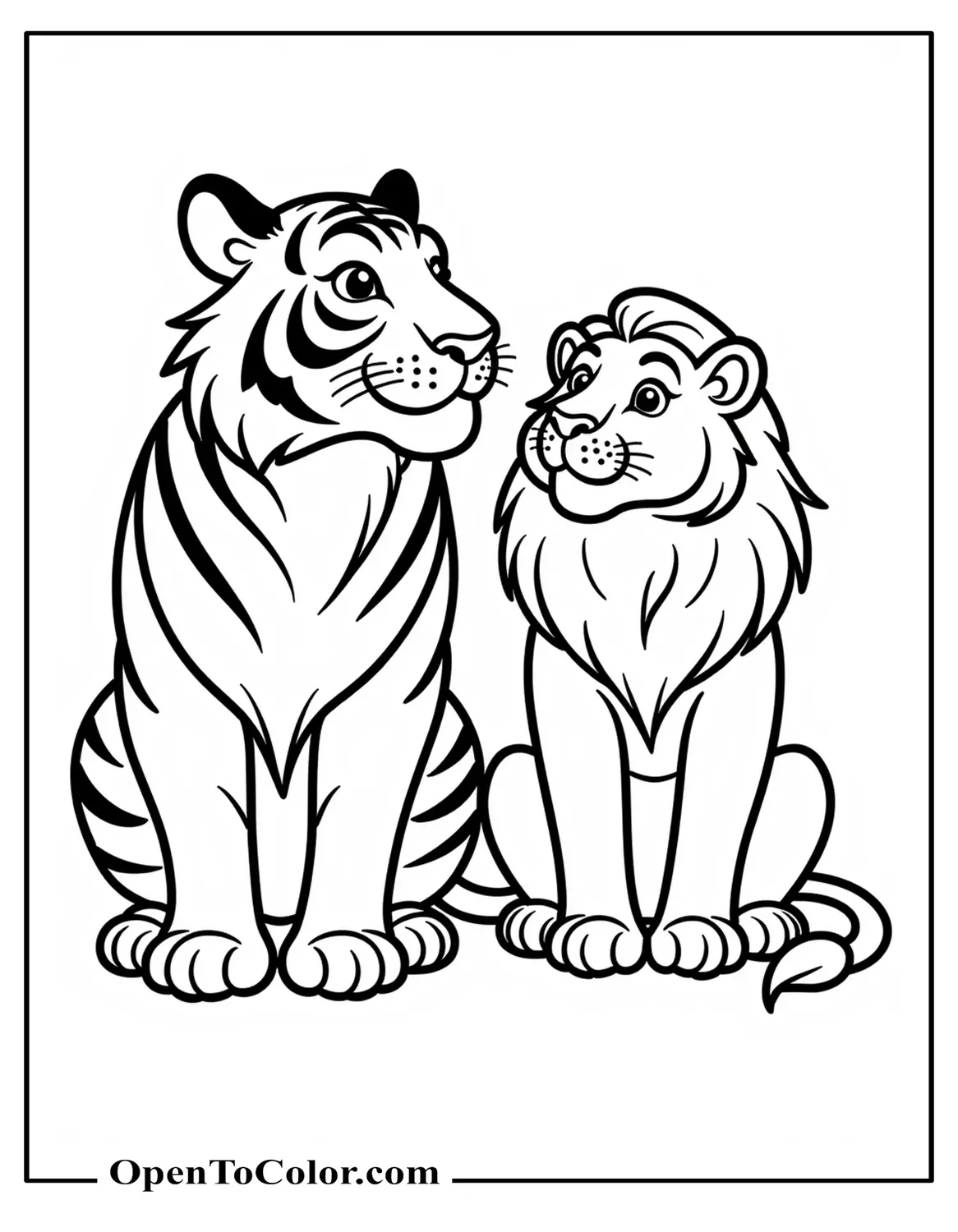 Free Coloring Sheet of Tiger and Lion Sitting Side by Side Looking at Each Other