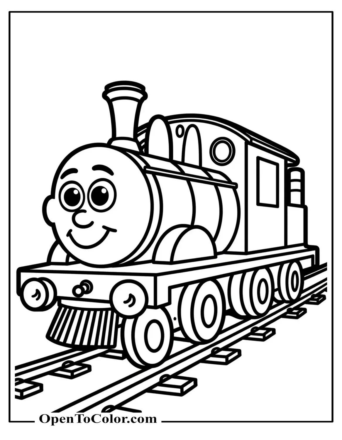 Free Coloring Sheet of a Very Chunky Engine with Big Round Wheels and a Smile on a Straight Track