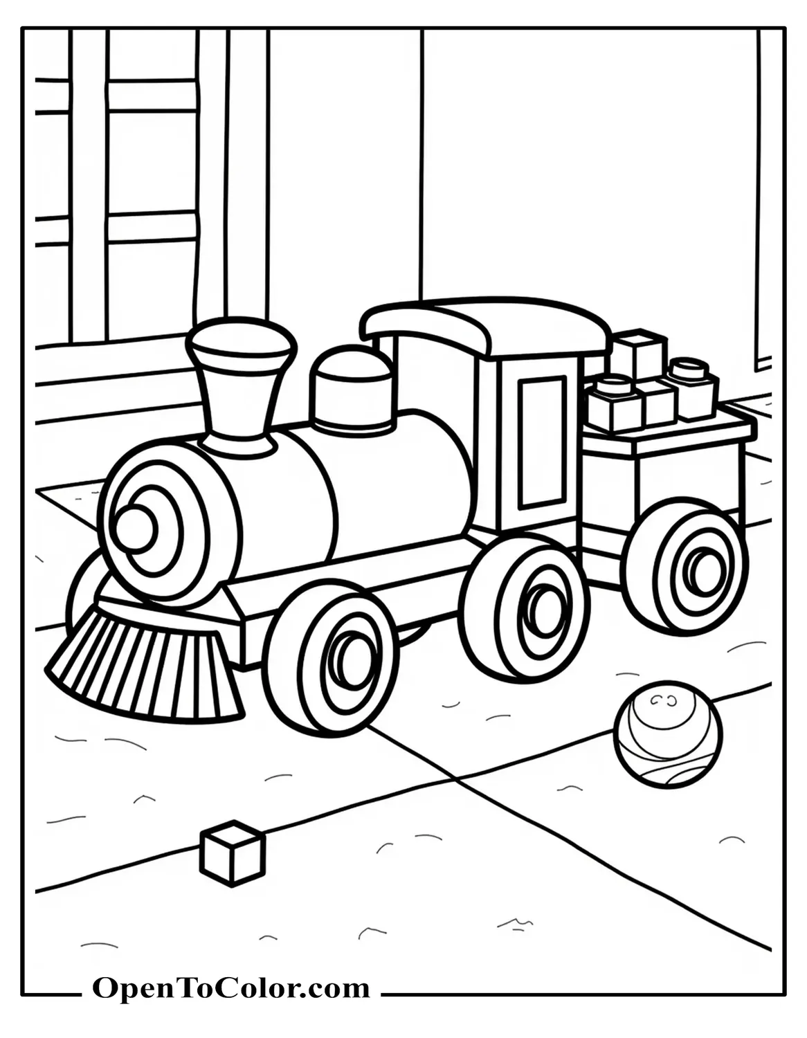 Free Coloring Page Of A Wooden Toy Train On Floor With Building Blocks And A Ball In The Background
