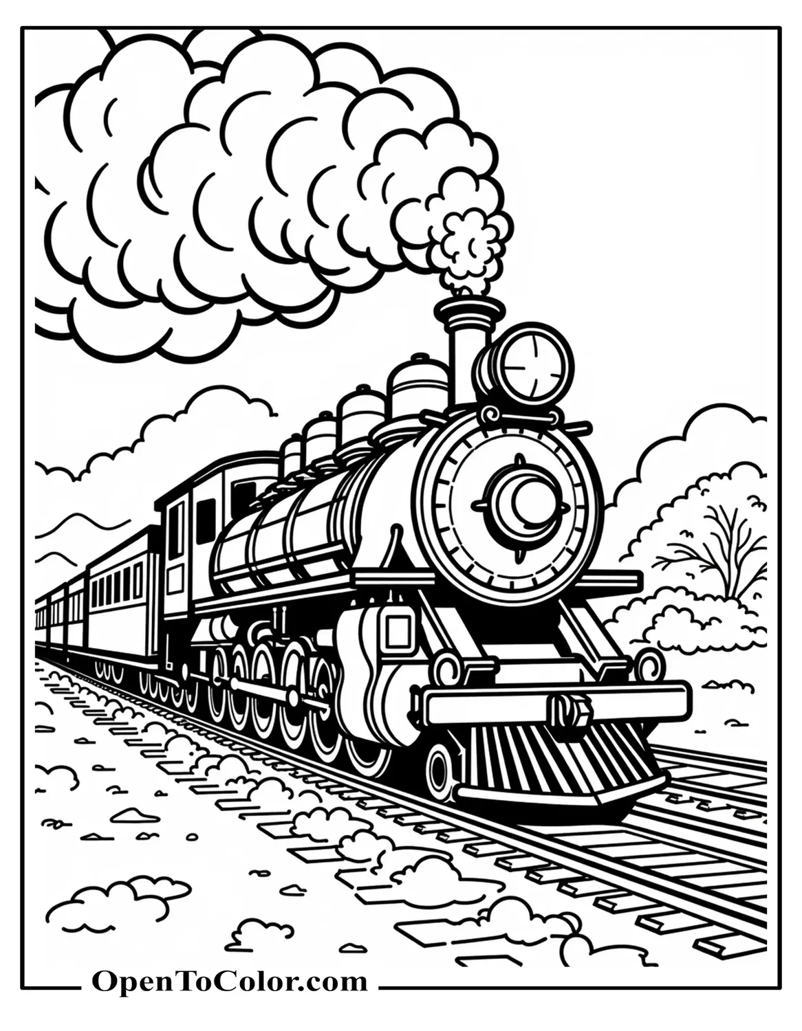 Intricate Vintage Train Scene Coloring Sheet With Ornate Filigree Smoke And Detailed Rail Yard Elements PDF