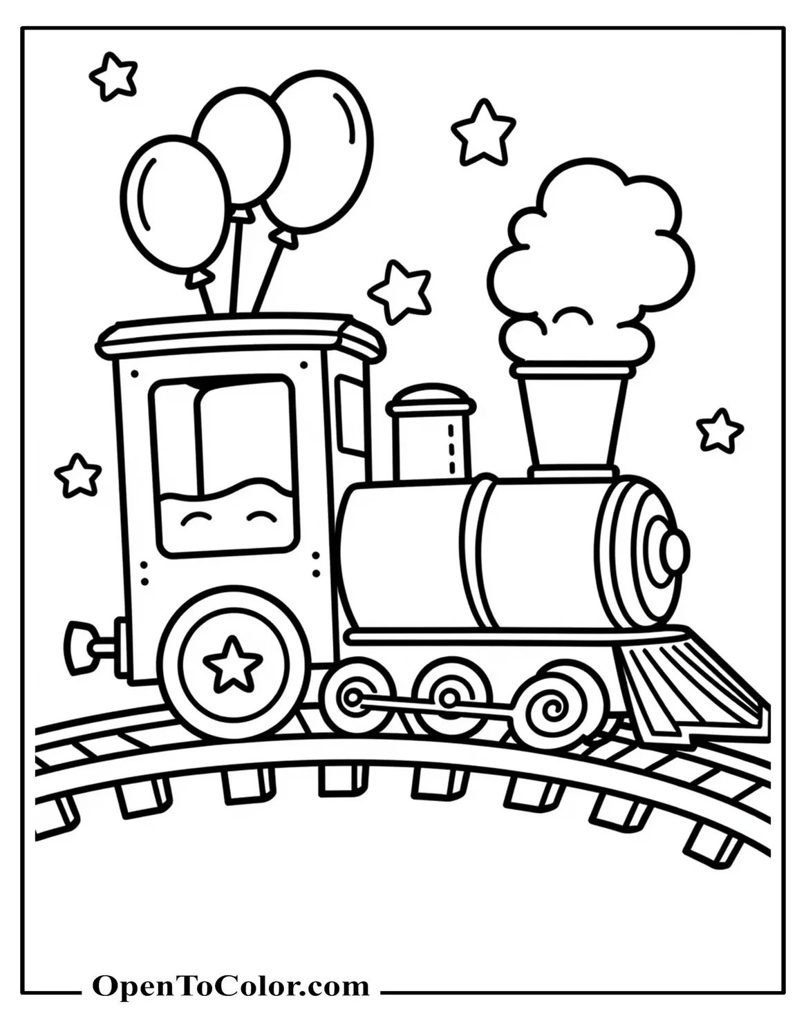 Free Coloring Page of Round-Shaped Cartoon Train with Stars and Balloons Around the Track