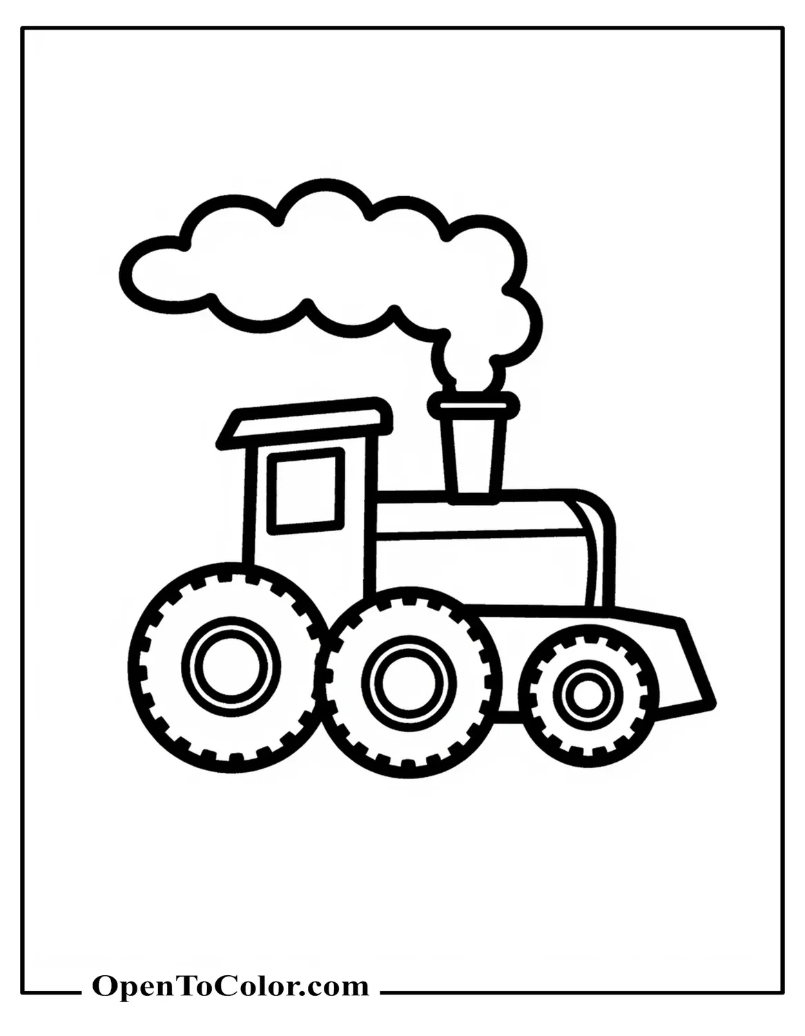 Super Simple Engine Outline Coloring Sheet With Three Giant Wheels And A Puff Of Smoke, Printable