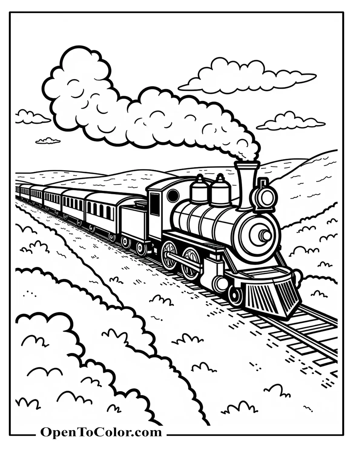 Classic steam locomotive in side view pulling a lot of cars on countryside tracks with hills and clouds, coloring page PDF.