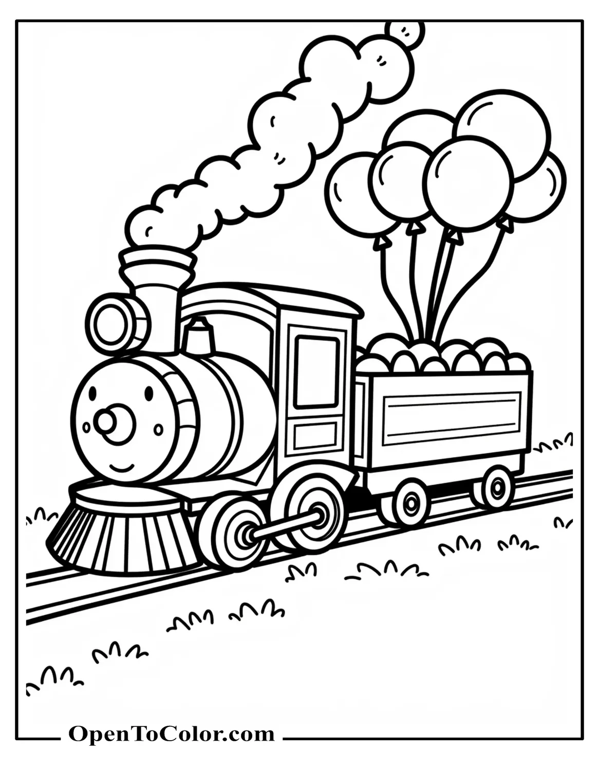 Cartoon Train Pulling A Party Car With Balloons And Confetti Shapes Coloring Page PDF
