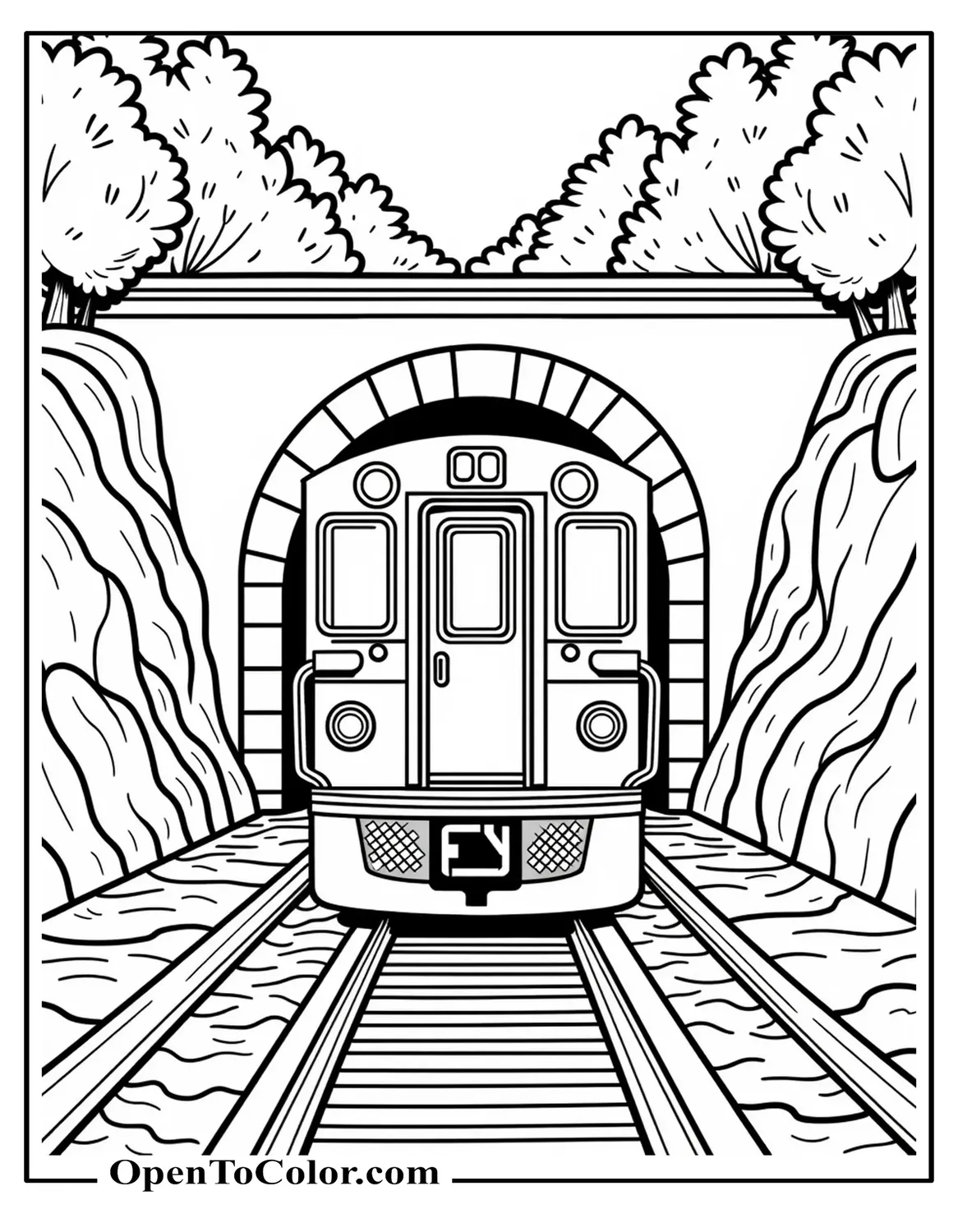 Front view commuter train entering a tunnel with stone arch and trees above, printable coloring sheet.