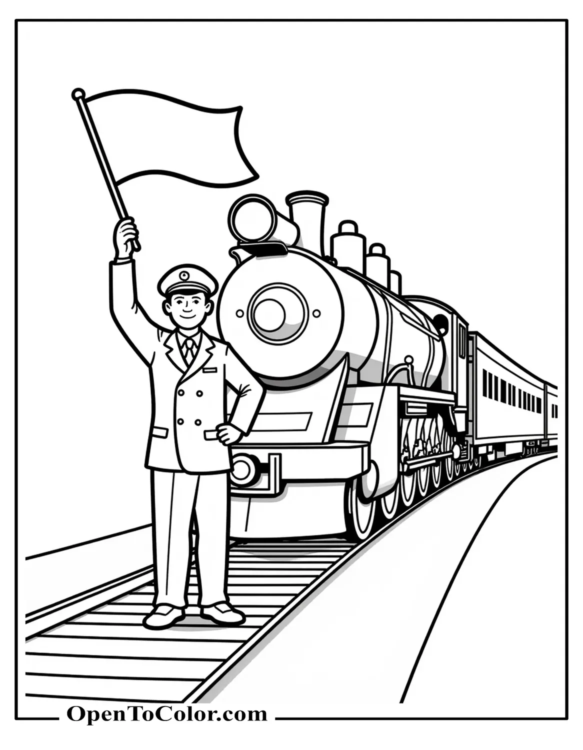 Coloring page of a conductor in cap waving a flag beside an engine at the platform, printable.