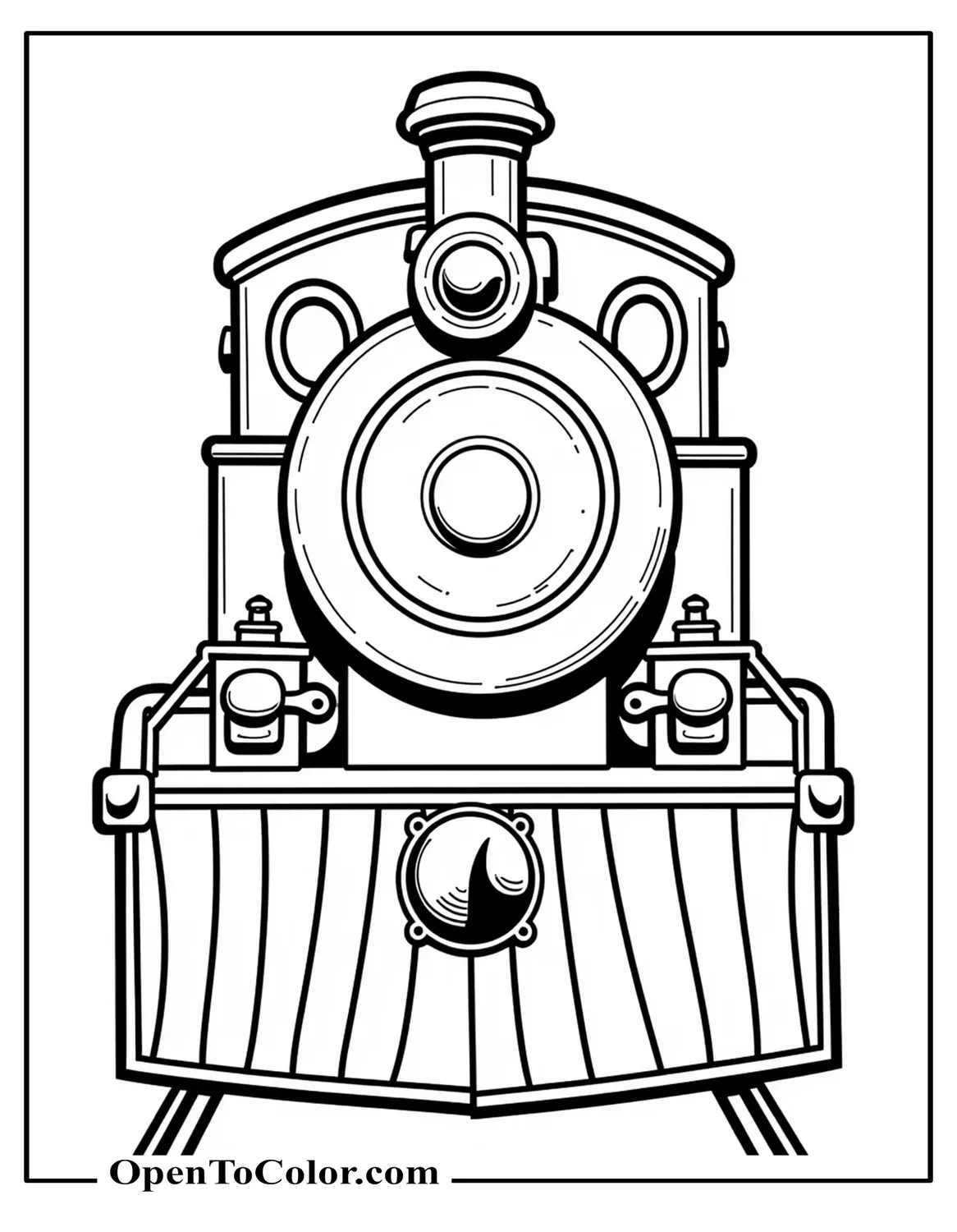 Close-up of engine front with headlamp, buffer, and cowcatcher at slight angle coloring page printable