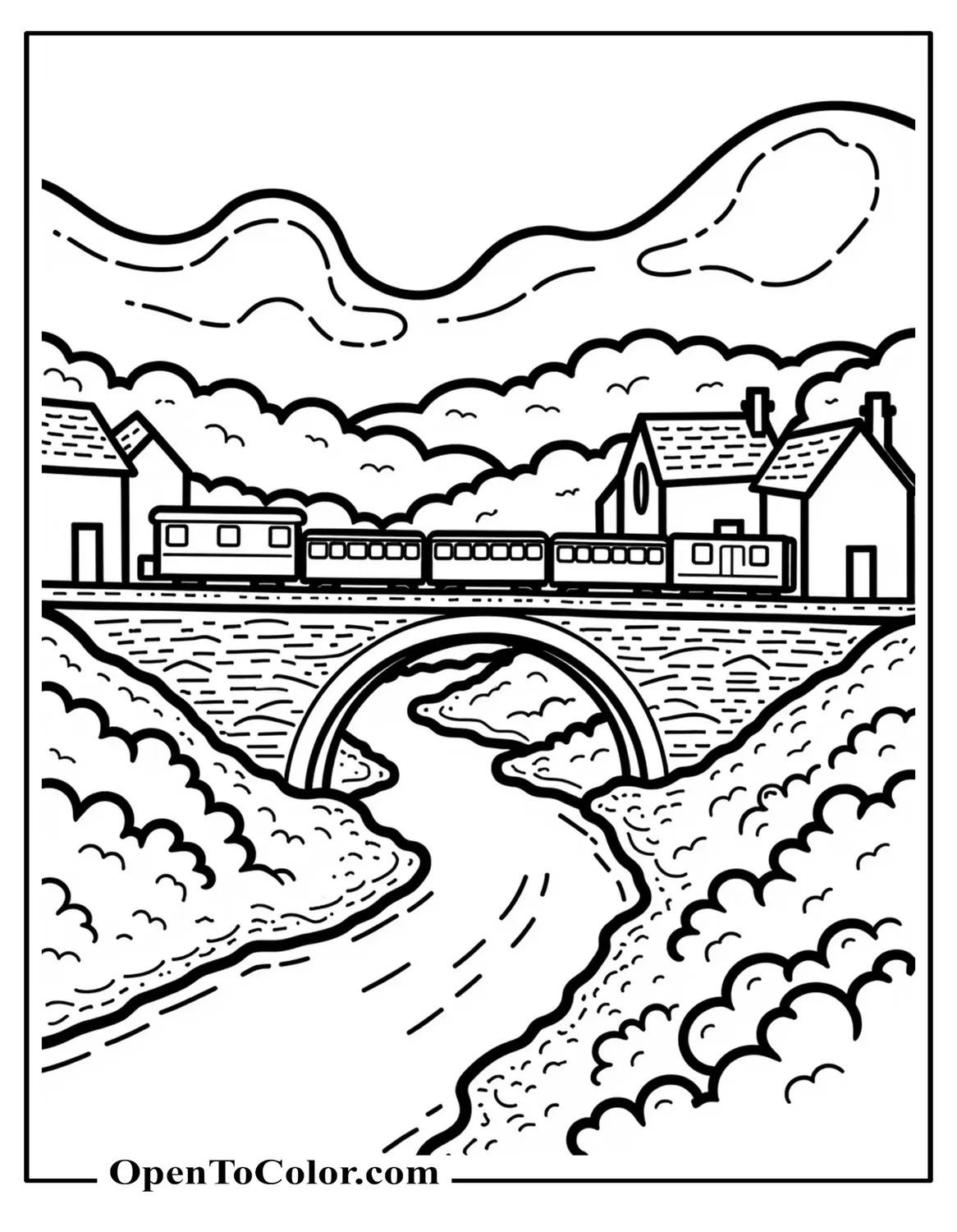 Small town bridge coloring sheet with a short train crossing over a river and simple houses below, PDF.
