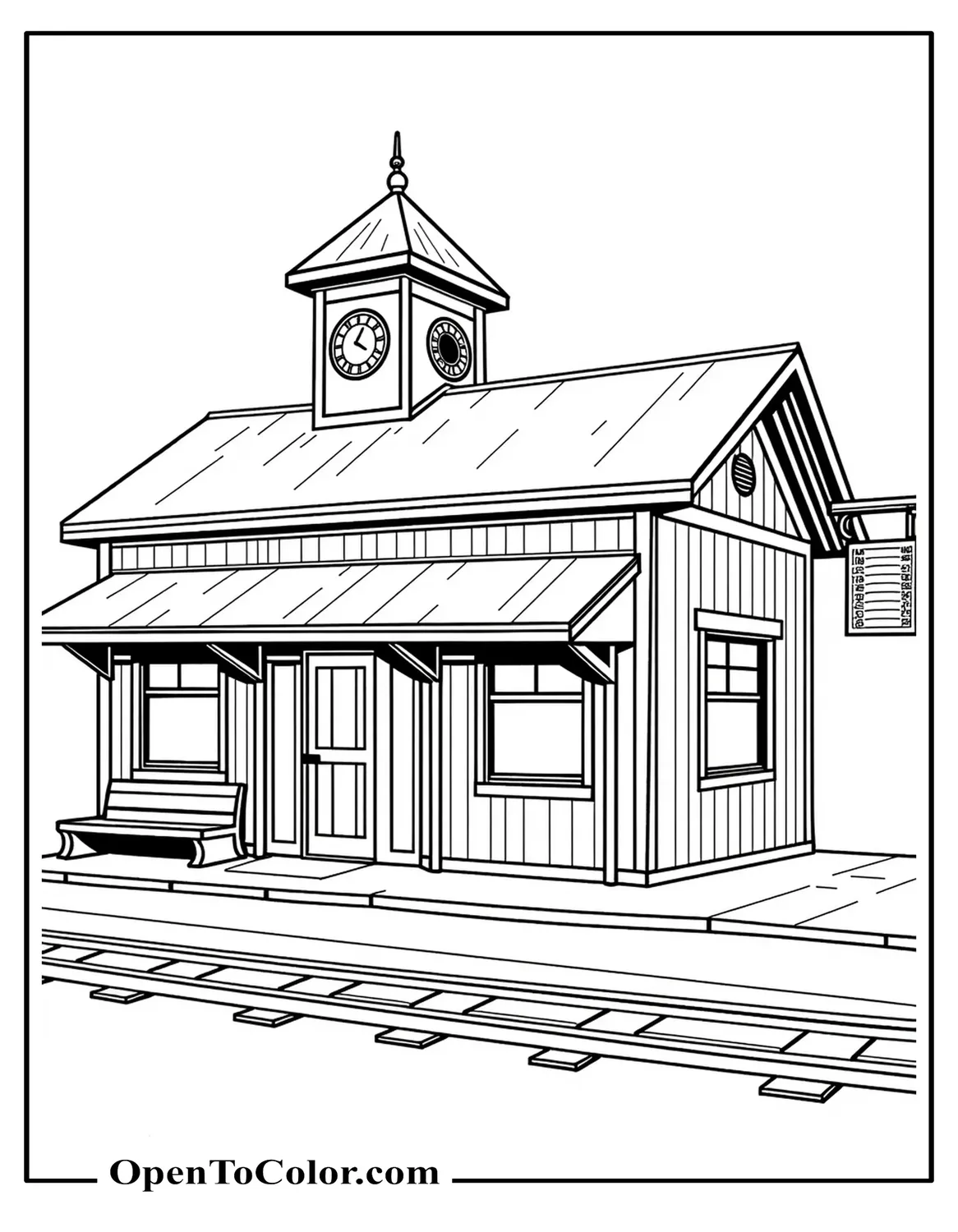 Free Coloring Page of Old Station Building with Clock Tower, Platform Bench, and Hanging Timetable