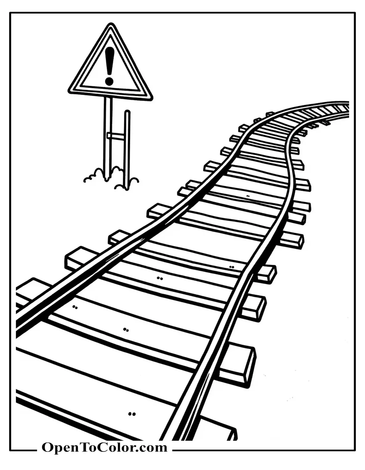 Curving Tracks With A Manual Switch Lever, Wooden Ties, And A Caution Sign, Free Coloring Sheet
