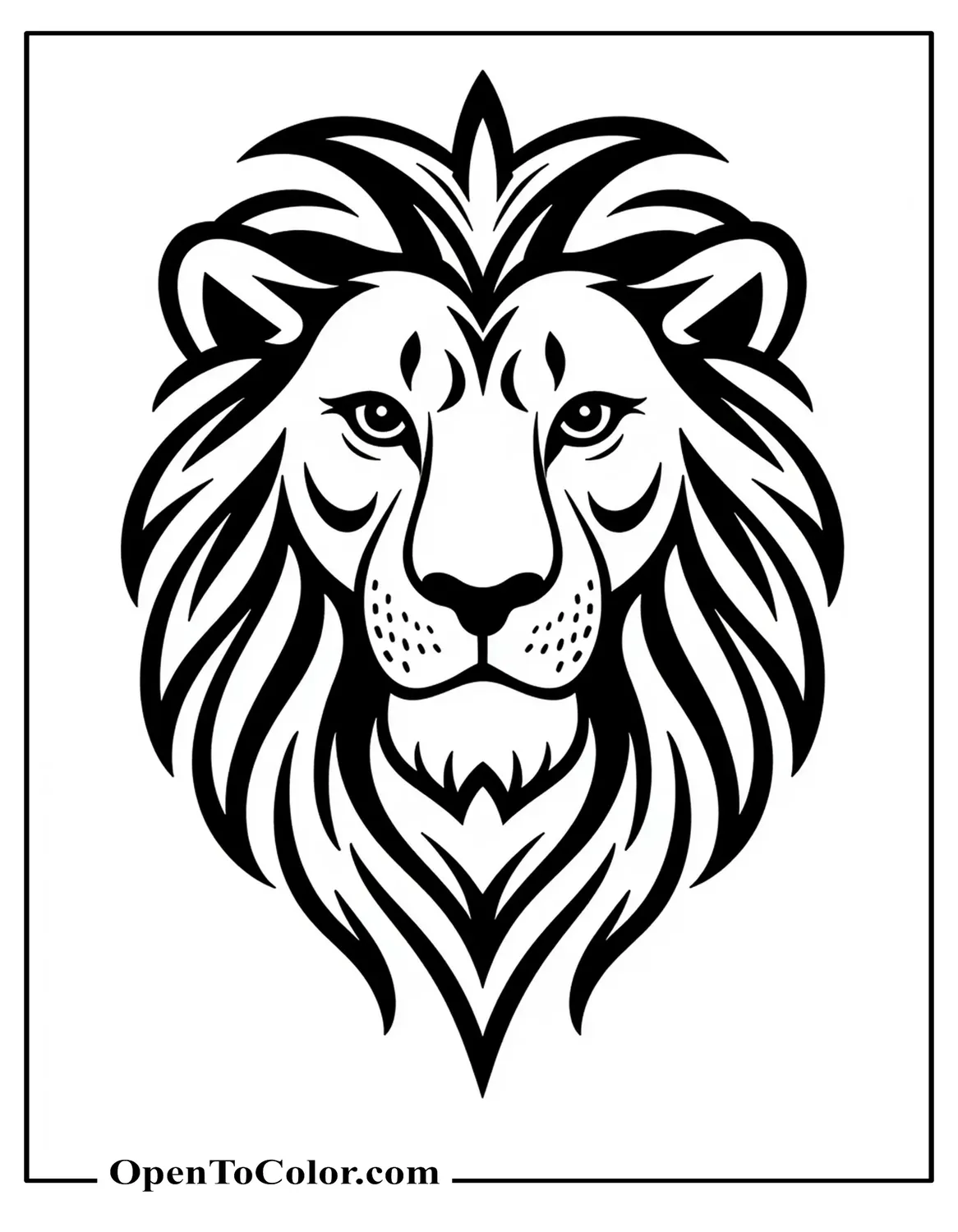 Printable Coloring Sheet of Tribal Lion Head with Bold Angular Lines and Chevrons