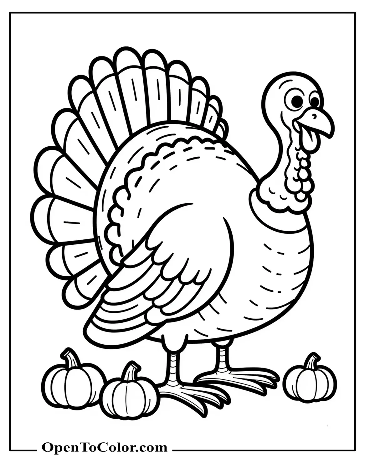 Big Turkey With Wide Fan Tail And Small Pumpkins Coloring Sheet PDF