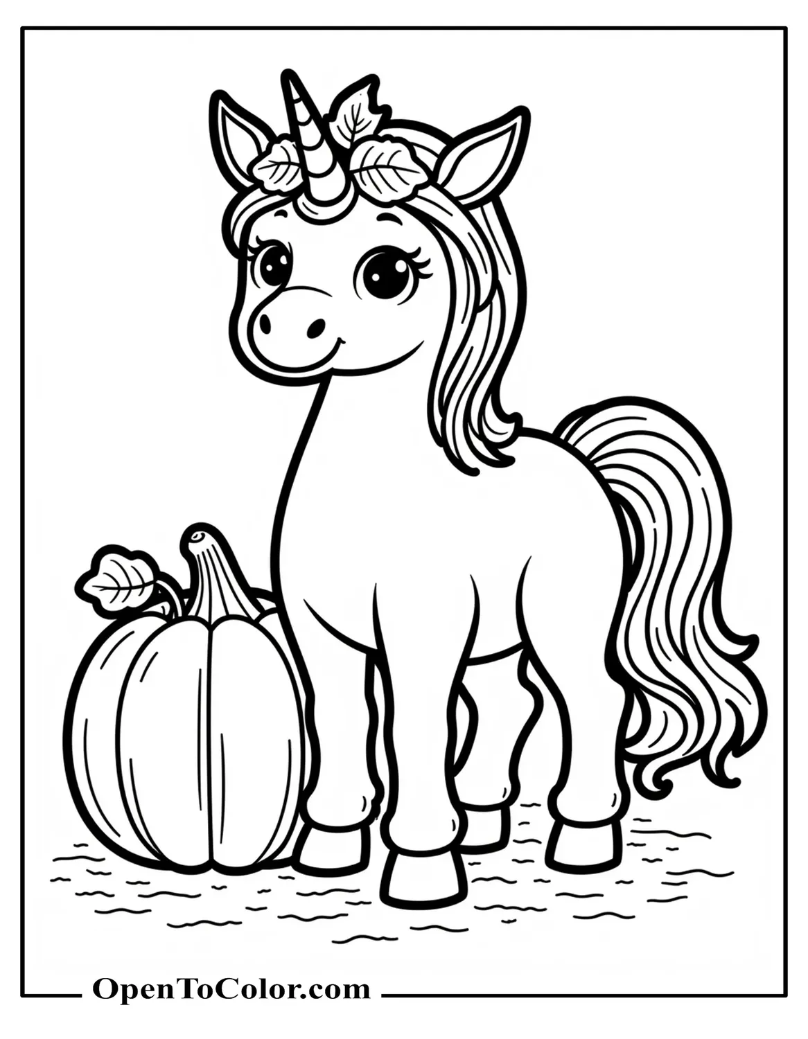 Unicorn with a Leaf Crown Standing Beside a Pumpkin Coloring Page Printable