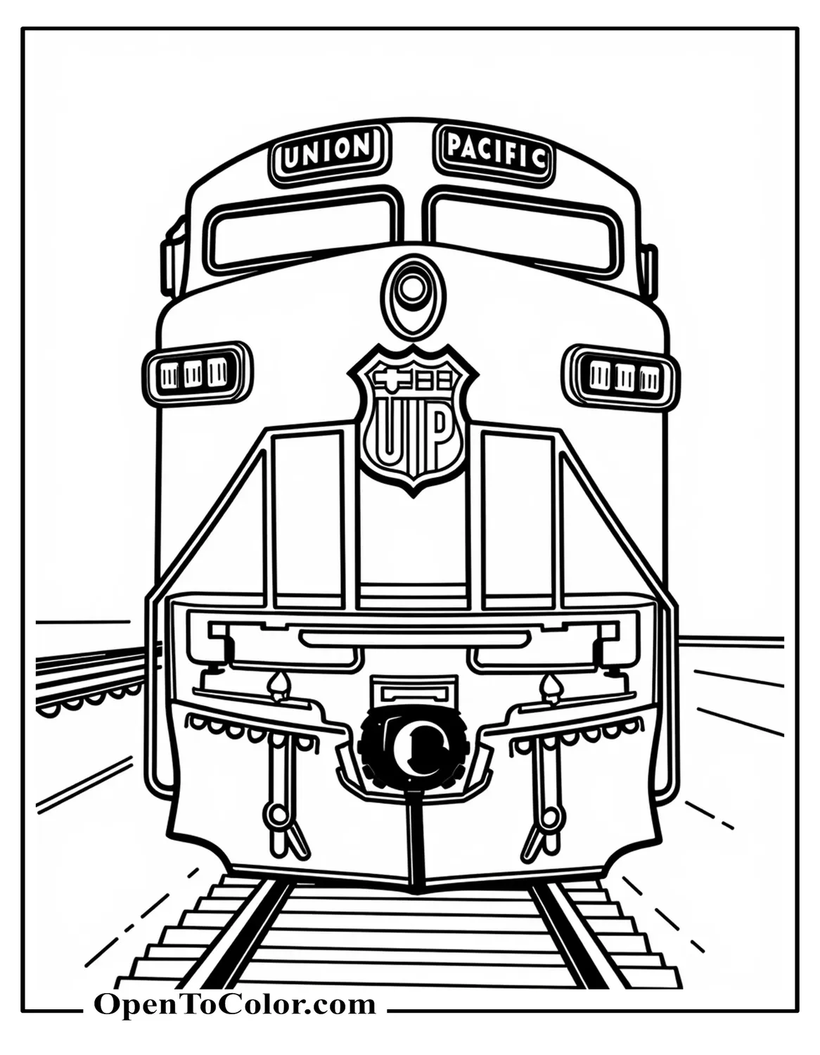 Printable coloring sheet of a diesel locomotive with Union Pacific lettering and shield emblem outline on the nose.