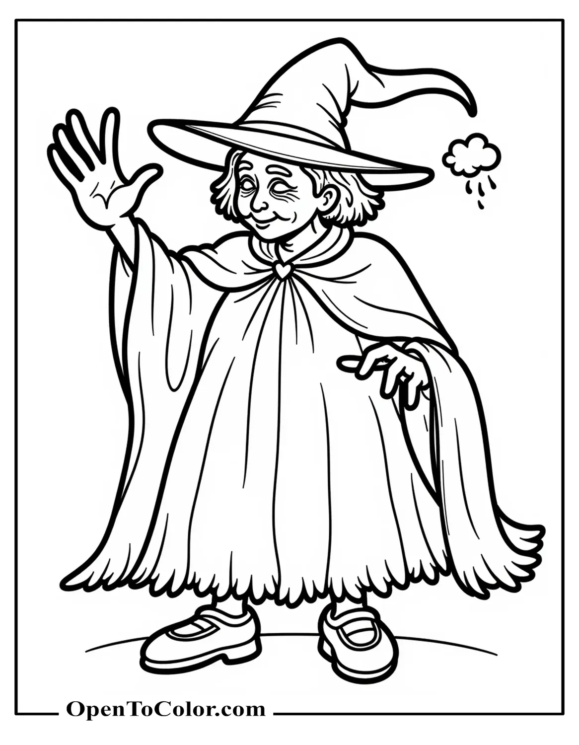 Printable coloring sheet of a wicked old witch raising a hand to cast a spell, with a jagged cape and a small storm cloud behind.