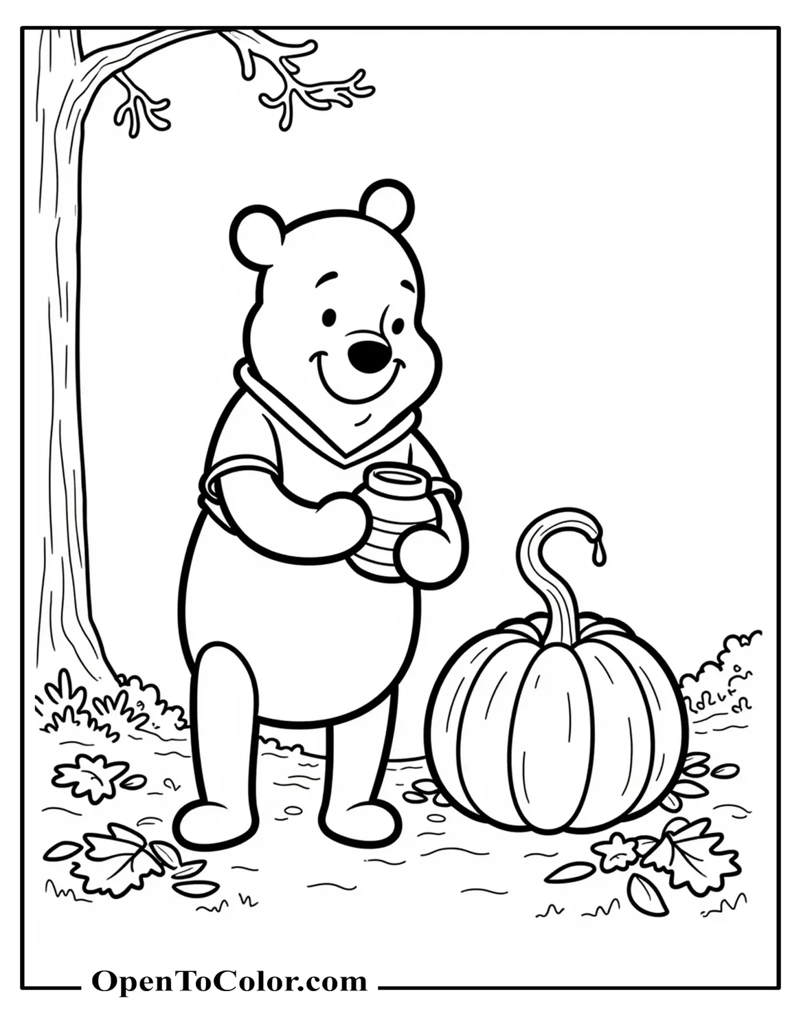 Winnie the Pooh holding a honey jar next to a pumpkin and leaf pile, printable coloring sheet.