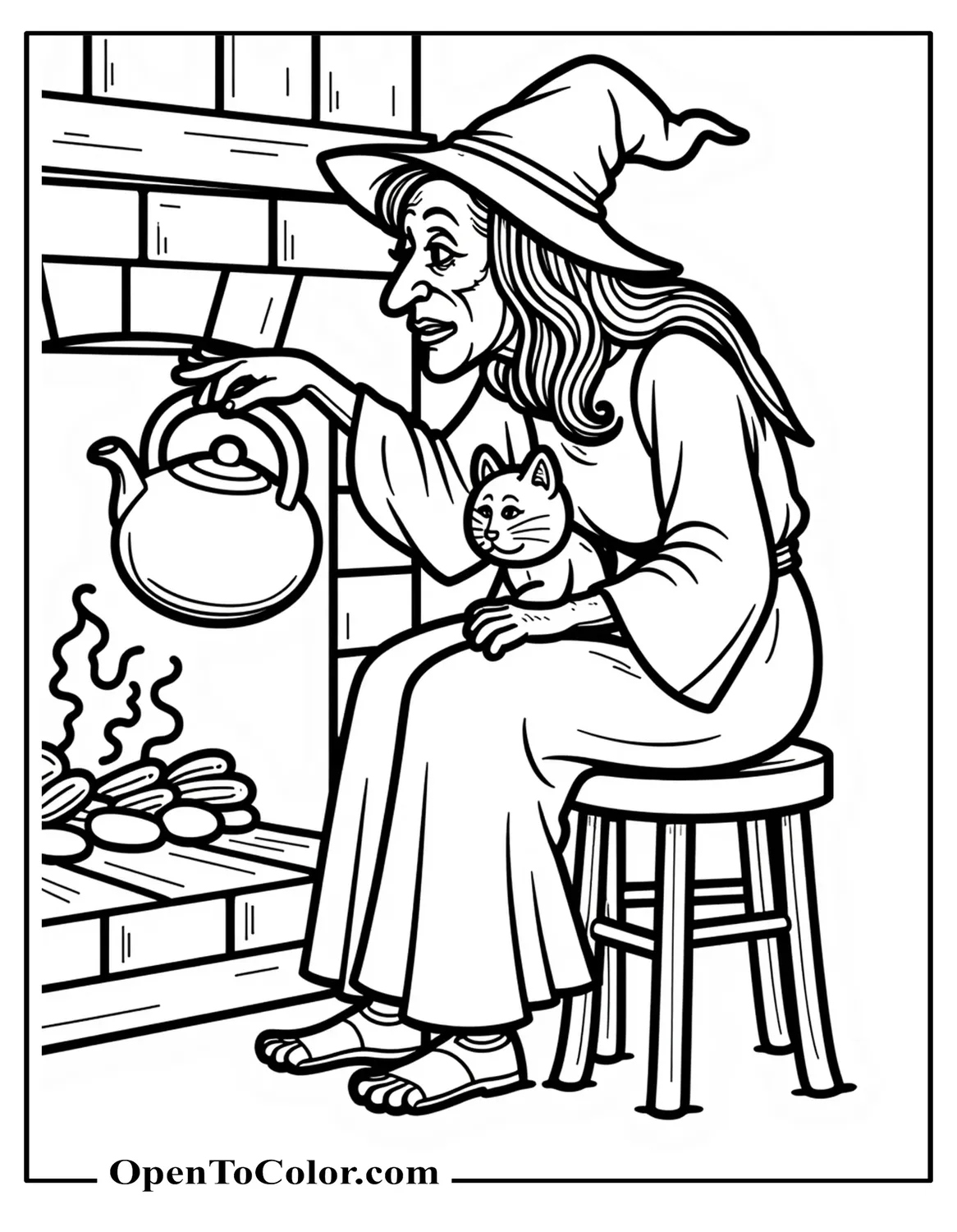 Free Coloring Page of an Old Ugly Witch Seated on a Stool Petting a Cat with a Kettle Hanging in a Fireplace