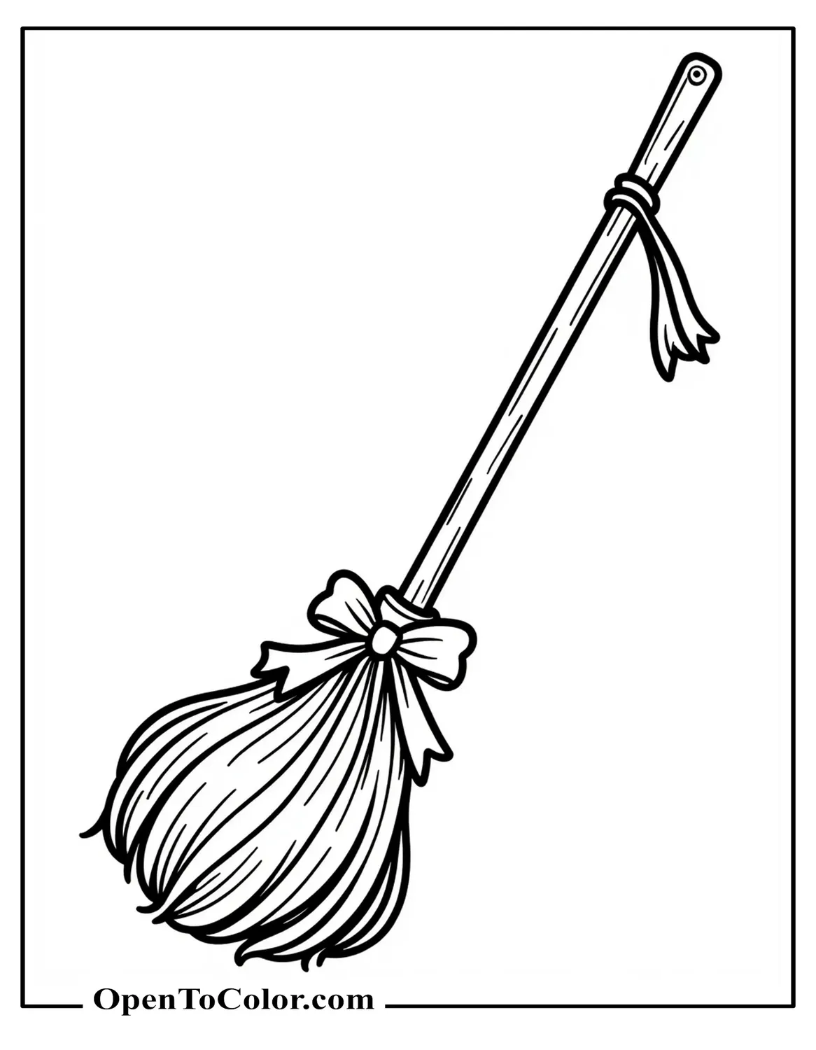 Free Classic Broom Coloring Page Close Up Ribbon and Charm Tied to Handle