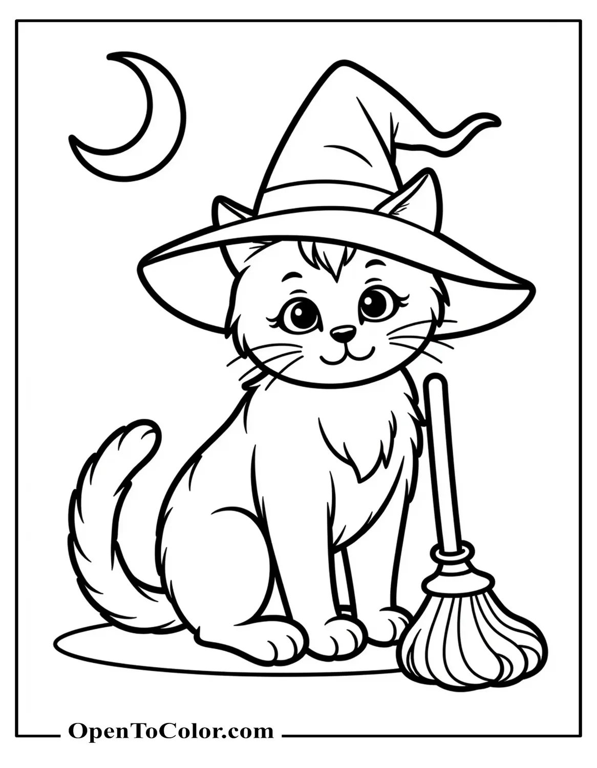 Free Coloring Page: Cat Wearing a Small Witch Hat Sitting Beside a Broom, Thin Crescent Moon in the Corner