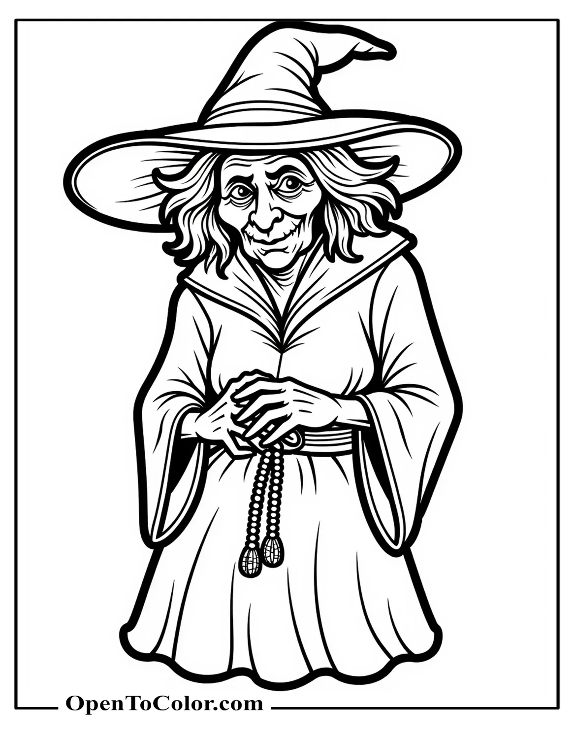 Realistic Old Ugly Witch Coloring Page With Deep Wrinkles Layered Cloak Beaded Charms Hanging From Belt PDF
