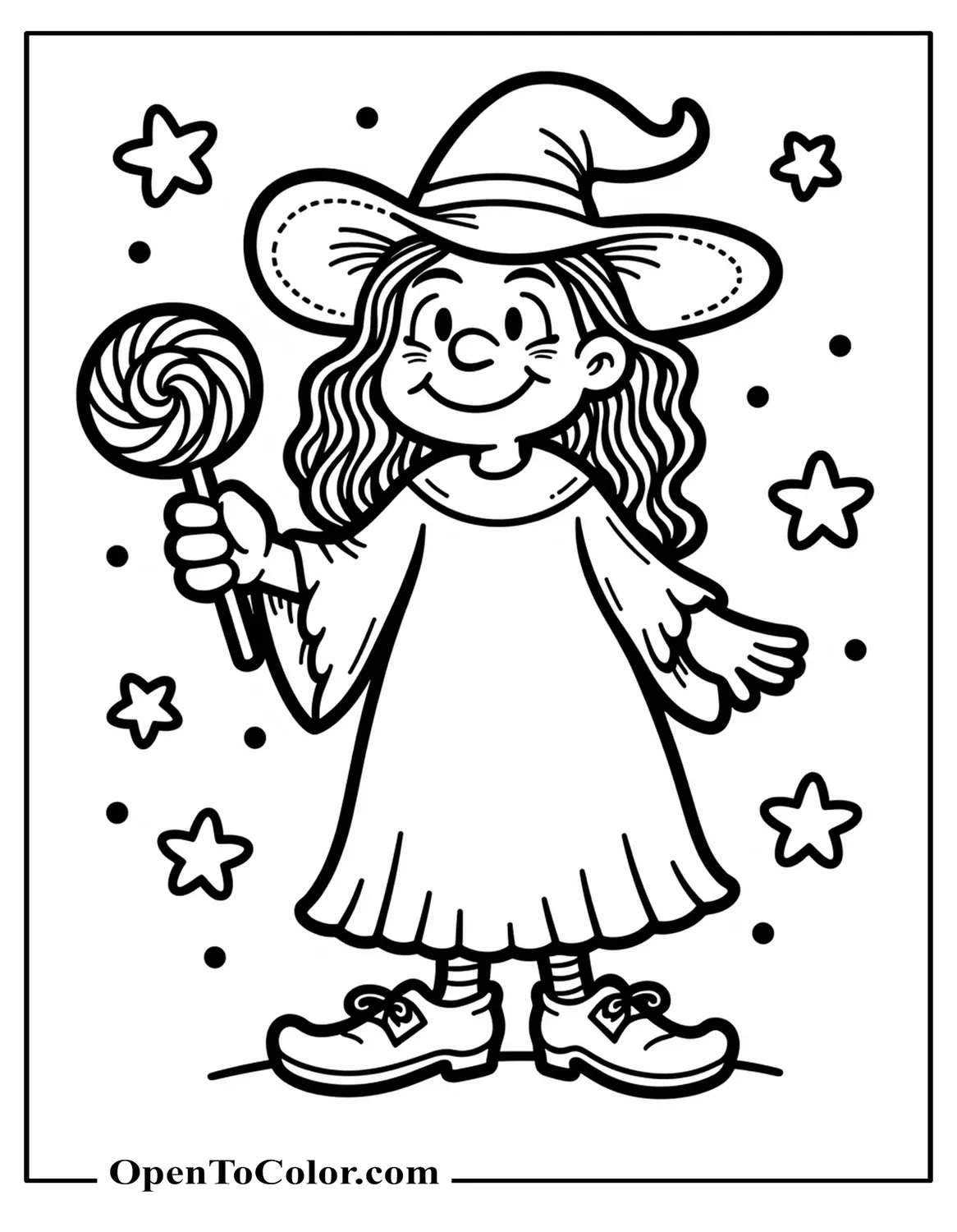 Free Coloring Sheet of a Friendly Old Ugly Witch Smiling Gently Holding a Lollipop with a Simple Star Background
