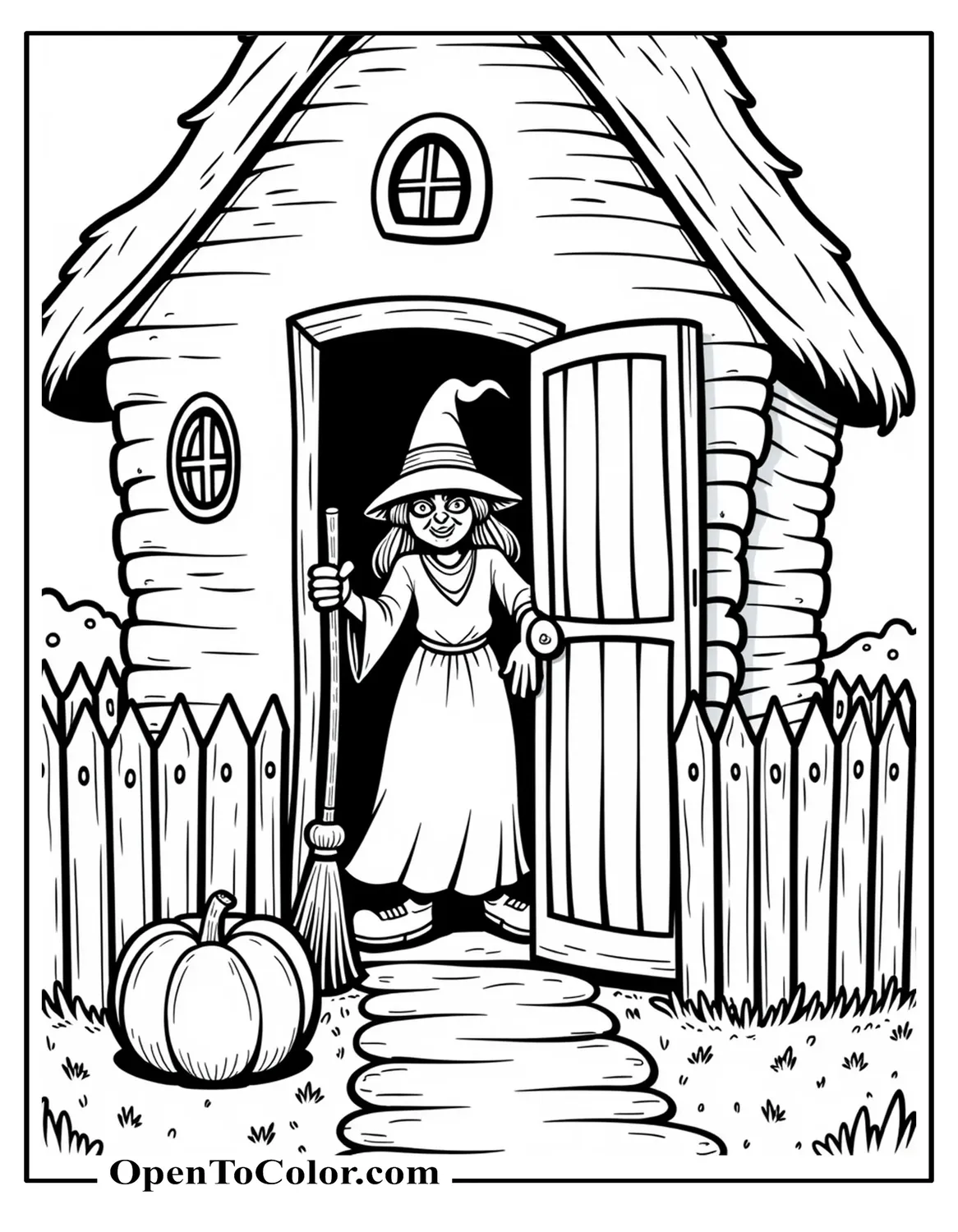 Old ugly witch opening a crooked cottage door holding a broom crooked fence and a pumpkin on the step coloring page PDF