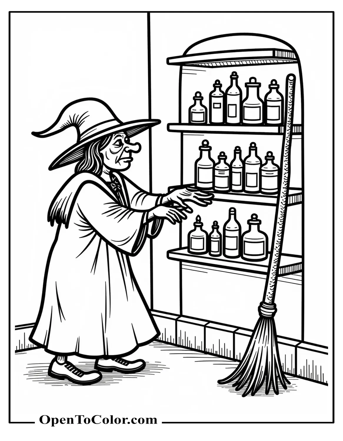 Printable Coloring Page of an Old Ugly Witch Arranging Potion Bottles on a Shelf with a Broom Leaning Against the Wall