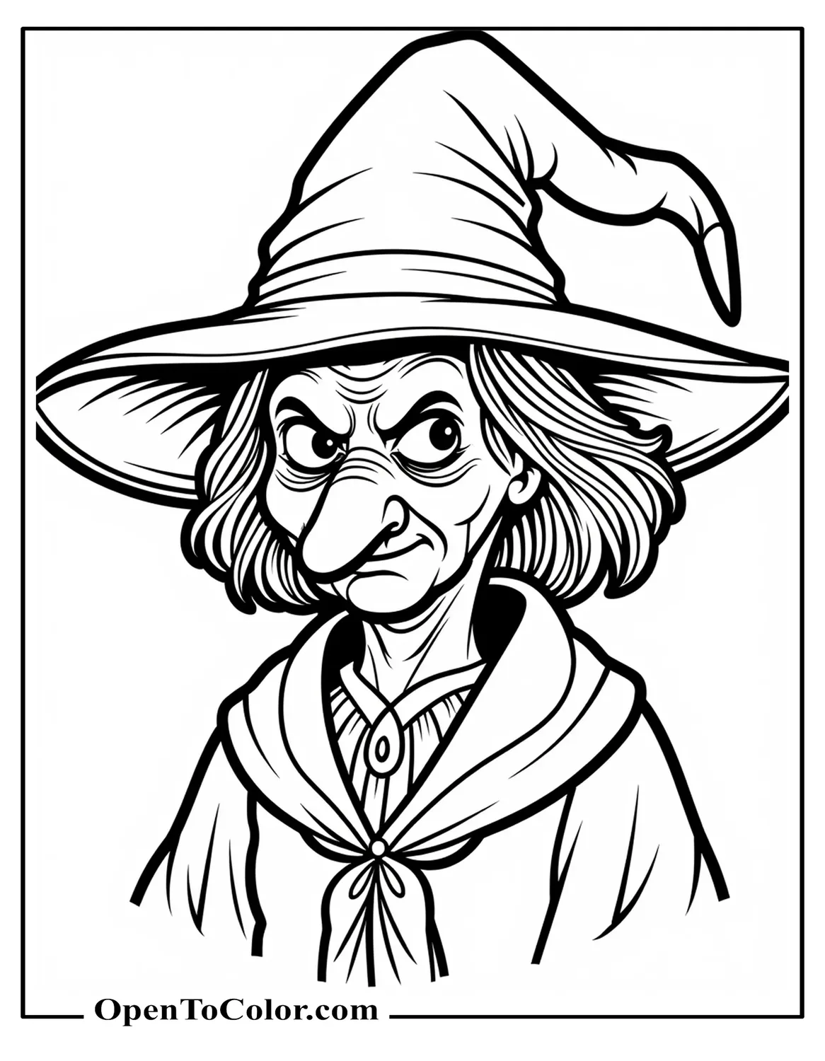 Close Up Portrait Of Old Ugly Witch Under A Wide Brim Hat Stern Expression Coloring Page PDF