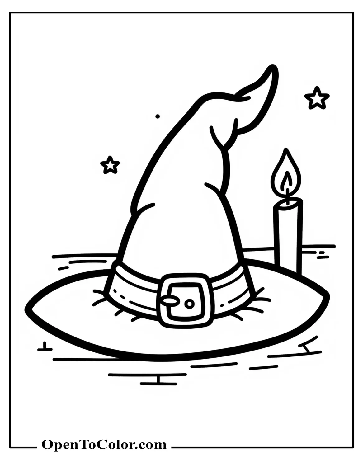 Free Coloring Page of a Large Pointed Witch Hat with a Buckle Resting on a Table, Single Candle, and Small Stars Behind