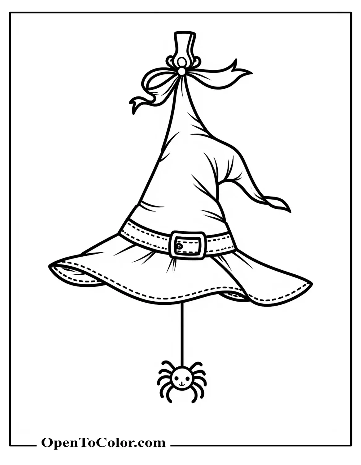 Free Witch Hat Coloring Sheet Hanging From a Wall Hook Ribbon and Tiny Spider Dangling