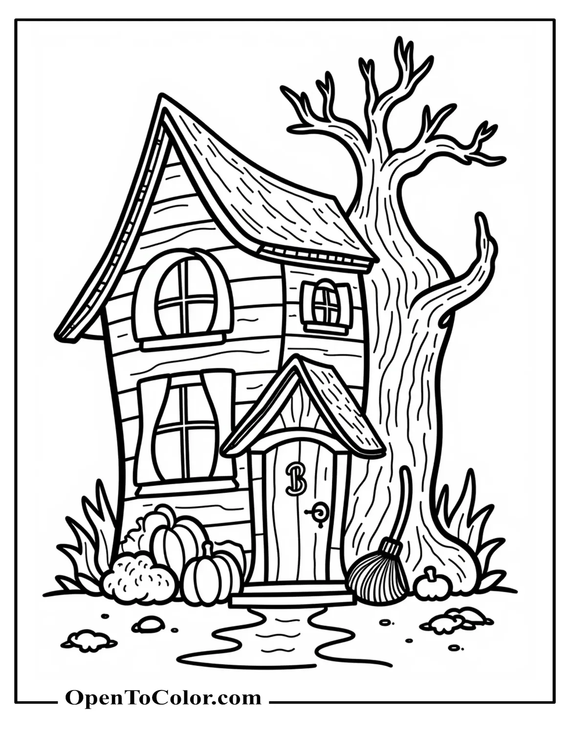 Printable Coloring Sheet of Crooked Witch House with Sagging Roof, Twisted Tree, Broom by the Door