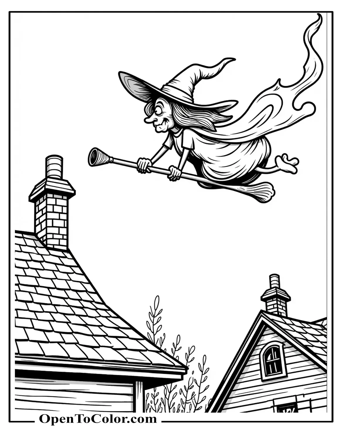 Free Coloring Sheet of Old Ugly Witch Gliding Low Over Rooftops, Cloak Trailing Thin Chimney Smoke