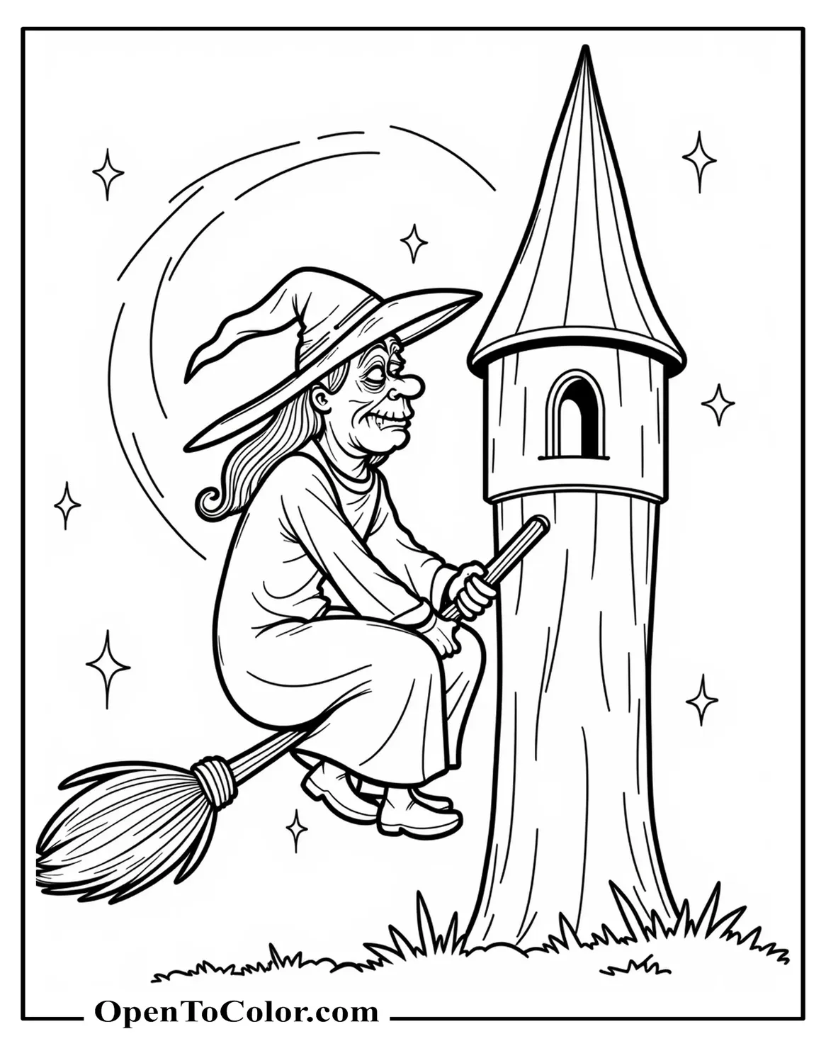 Old ugly witch coloring sheet looping on a broom around a tall tower short star streaks trailing, PDF.