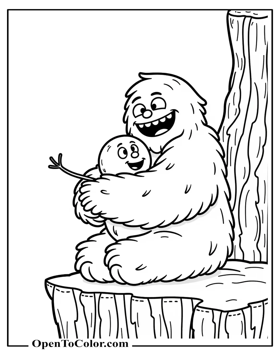 Printable Coloring Sheet of Abominable Snowman Yeti Hugging a Small Snowman in a Friendly Pose on a Rocky Snowy Ledge