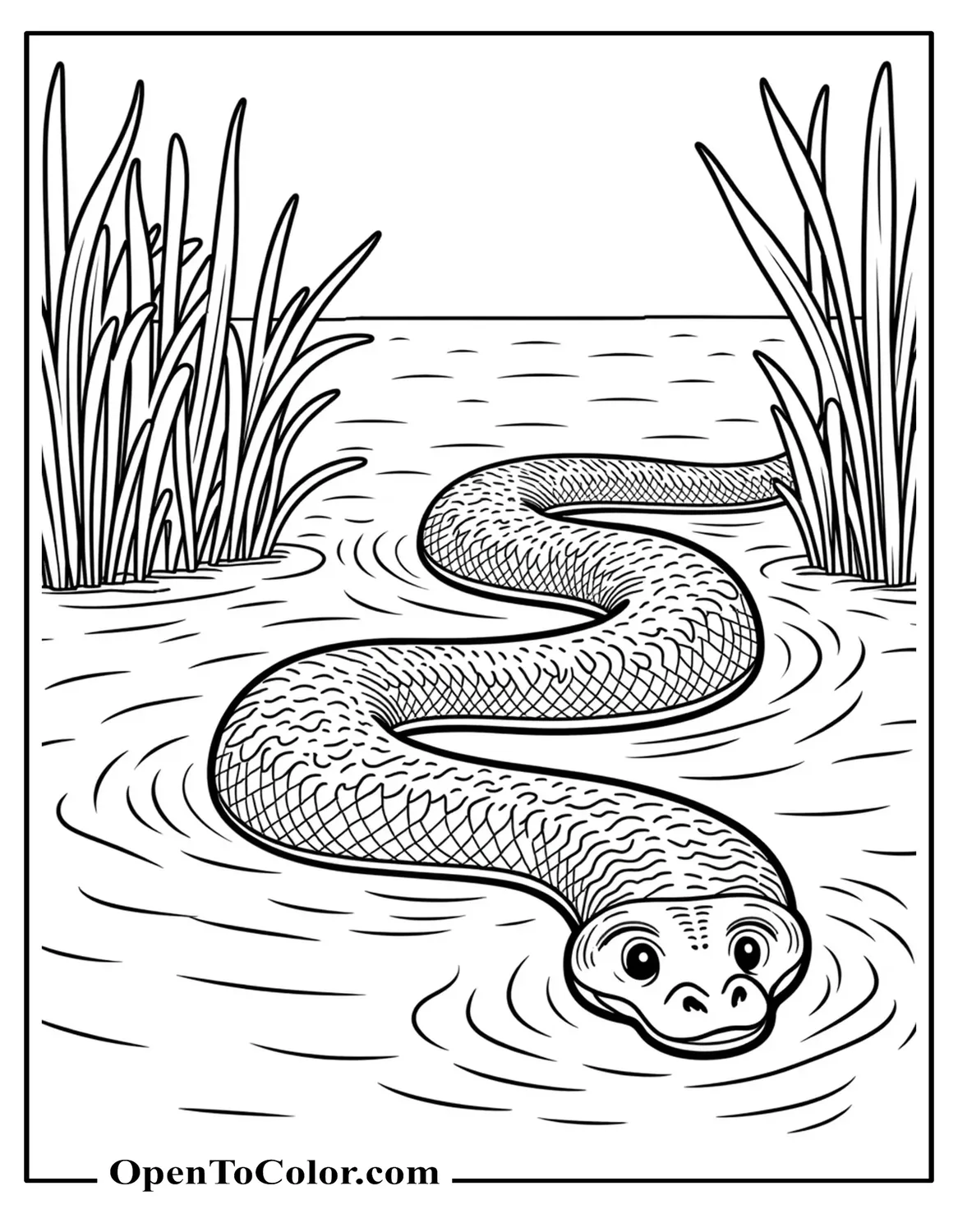 Printable Coloring Page of Large Anaconda Partially Submerged with Reeds and Ripples in Swamp Water