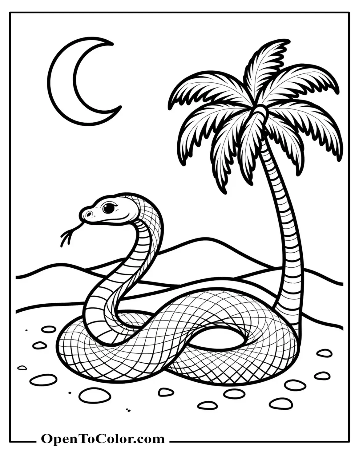 Free Coloring Sheet of Snake on Desert Sand Beside a Lone Palm and Crescent Moon