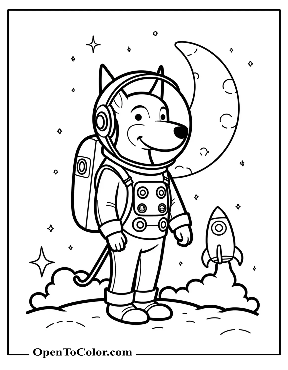 Doberman Astronaut Coloring Page Wearing A Round Helmet With Tiny Rocket And Crescent Moon In Background Printable