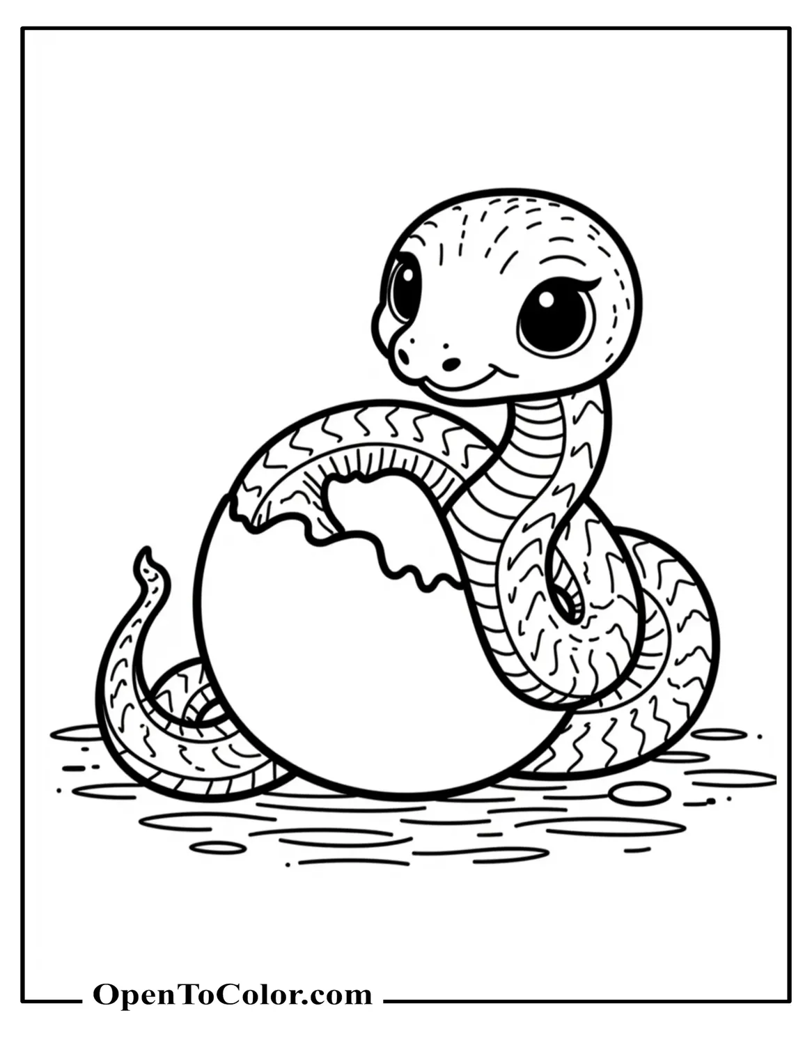 Tiny baby snake hatching from a cracked egg on soft straw coloring sheet PDF