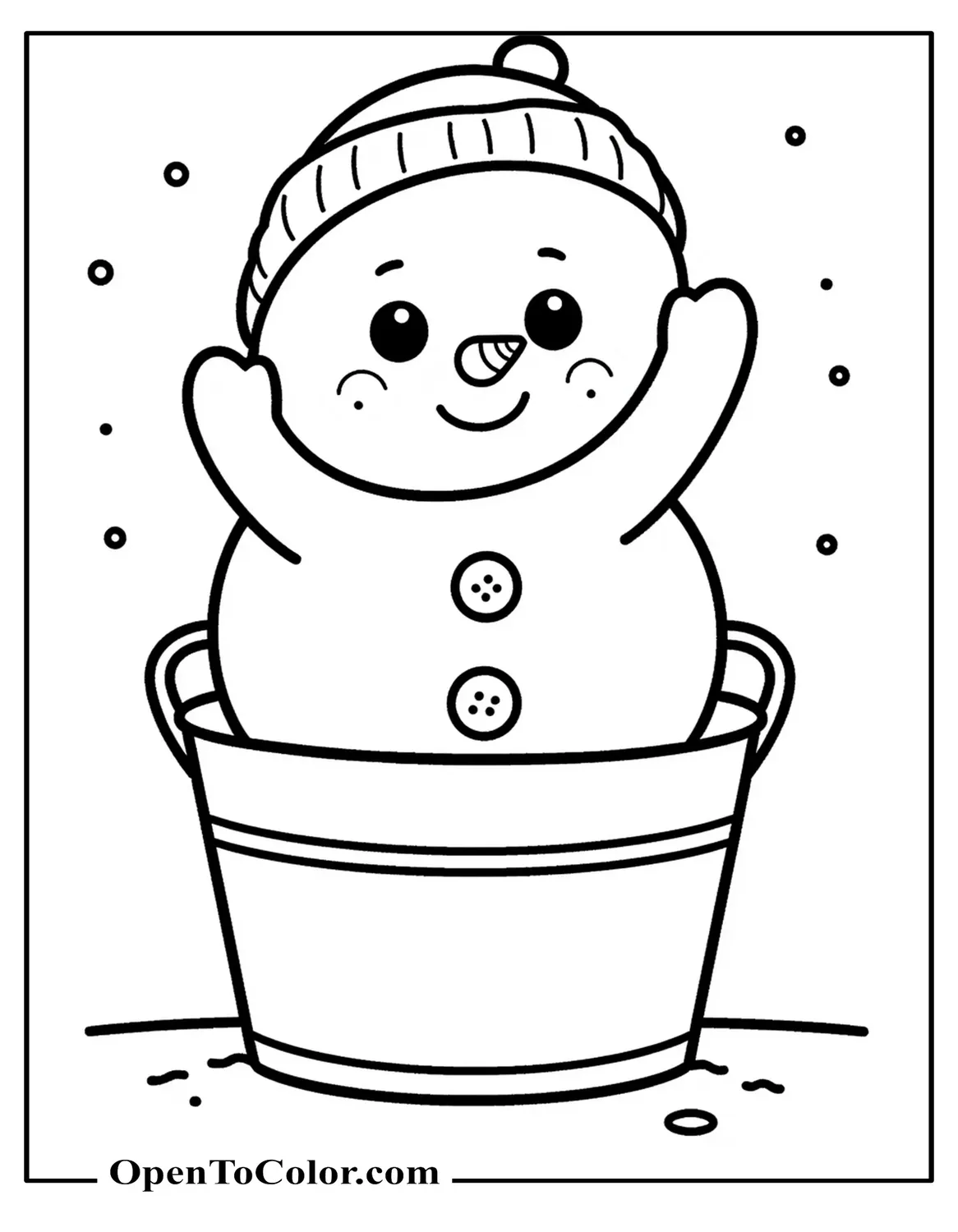 Free Coloring Page of Baby Snowman Sitting Inside a Bucket with a Tiny Carrot Nose and Round Button Eyes