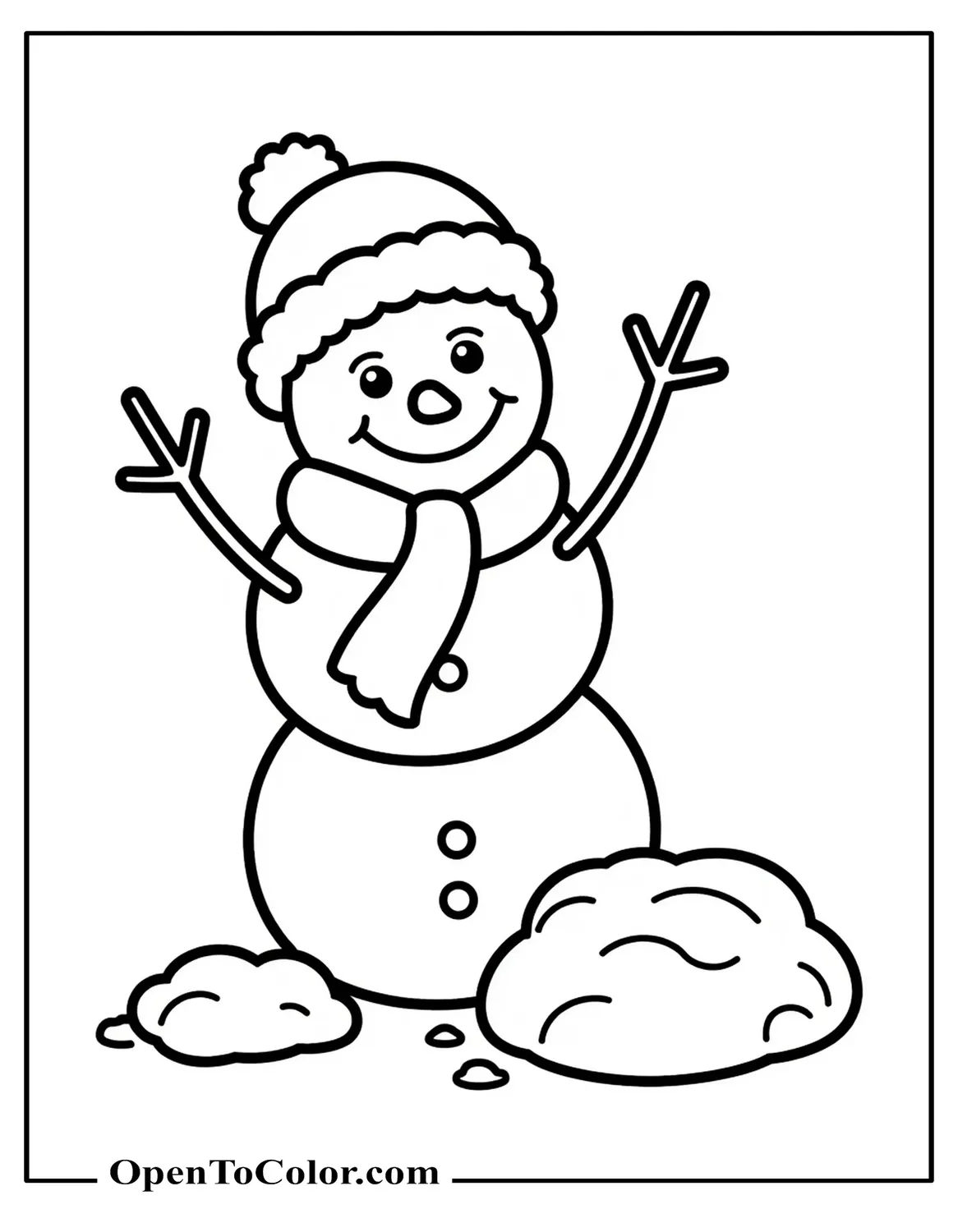Basic Snowman Coloring Sheet PDF With Few Buttons And A Short Scarf Standing Beside A Small Snow Mound