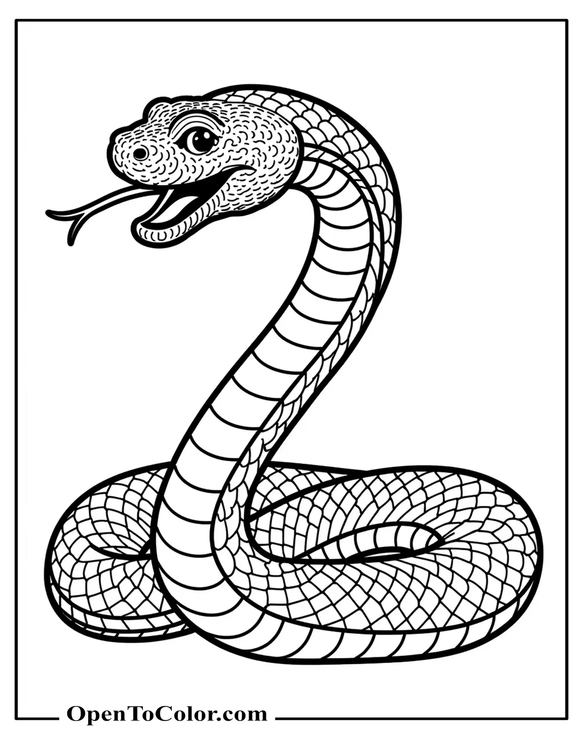 Enormous snake coloring sheet in PDF coiled across the page with head lifted and tongue out.