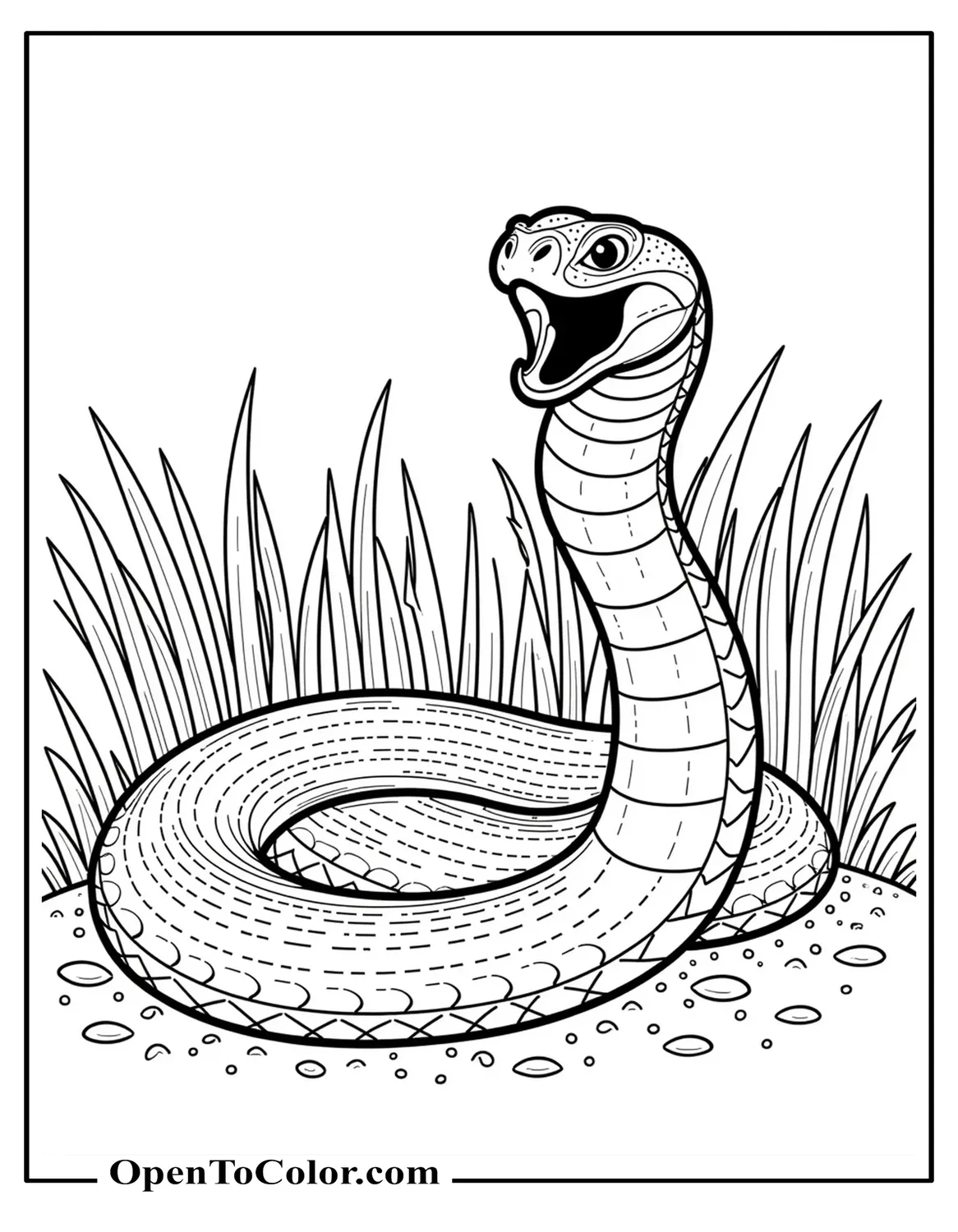 Printable Coloring Sheet of a Sleek Black Mamba Posed Low in Tall Grass with Mouth Slightly Open