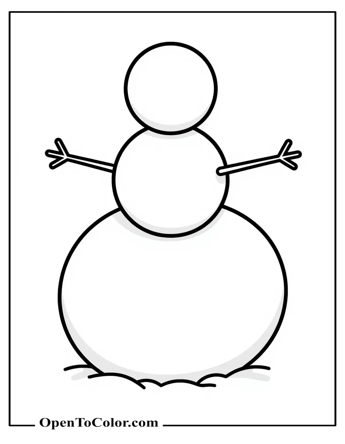 Free Coloring Sheet of Plain Three Sphere Snowman with No Face or Accessories, Arms Out to the Sides