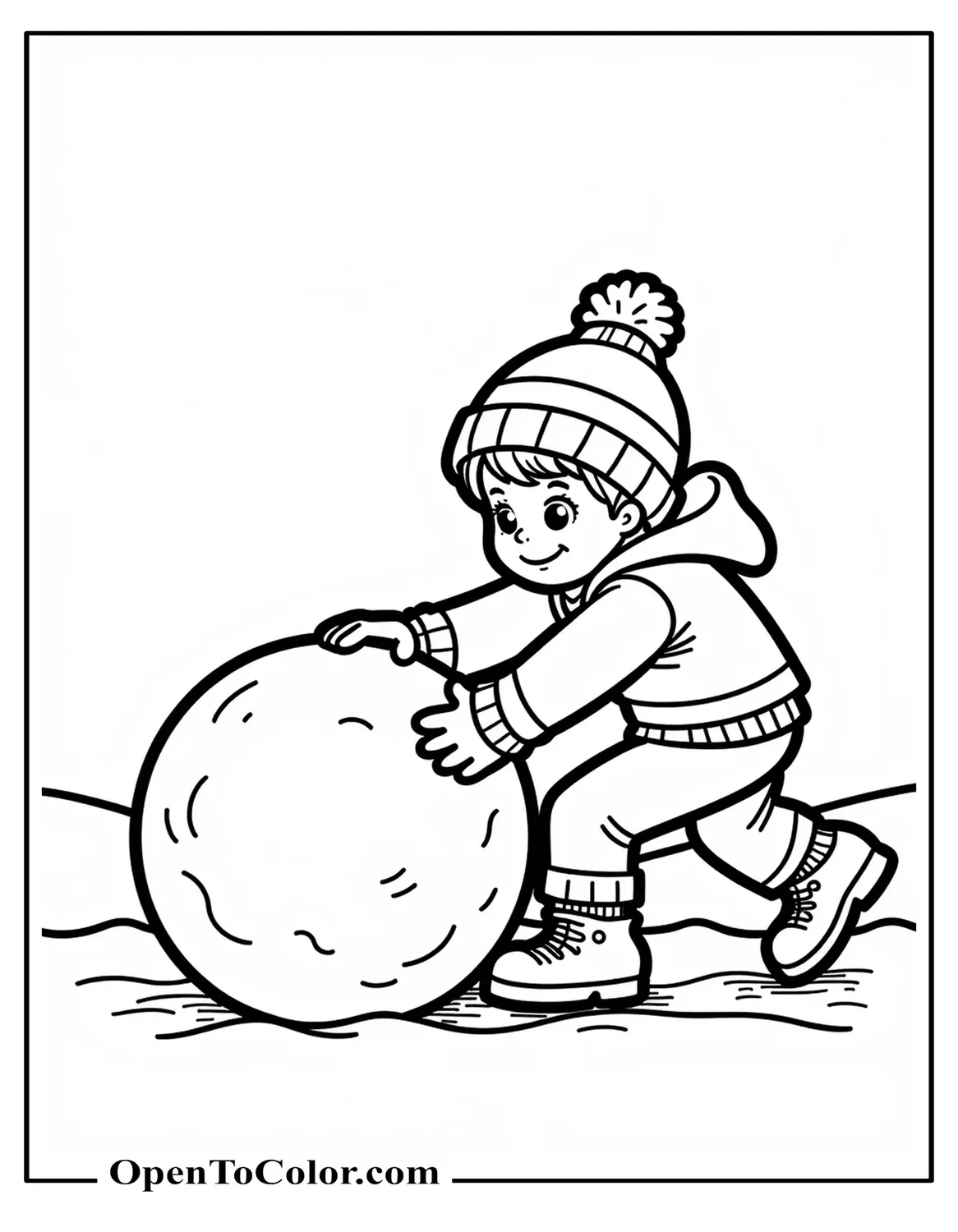 Free Coloring Sheet of a Child Rolling a Big Snowball to Build a Snowman
