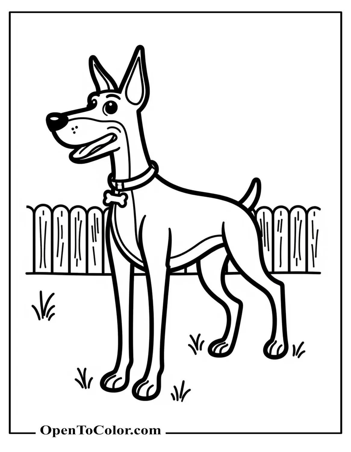 Cartoon Doberman Coloring Page PDF Standing Three Quarter View with Bone Tag Collar Short Grass and Picket Fence Behind