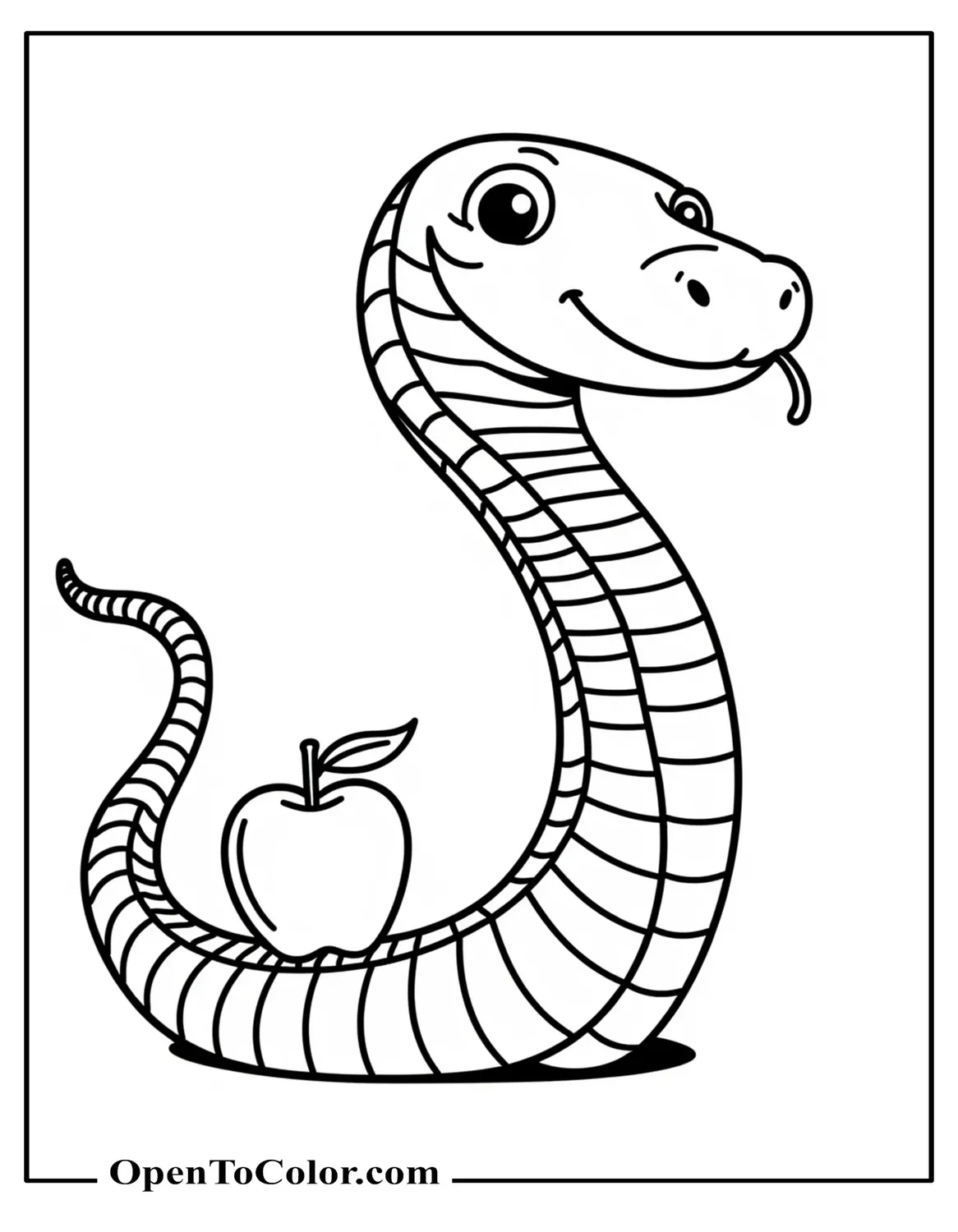 Funko Pop Style Cartoon Snake Coloring Page With Oversized Head Balancing An Apple On Its Tail PDF